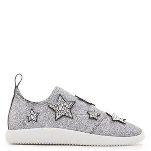 $850 Giuseppe Zanotti Silver Glitter Alena Star Slip-On Sneakers Size 8 EU 38